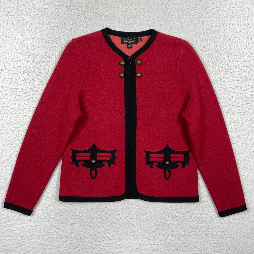 Icelandic Design Cardigan Womens S Red Wool Zip Front Nordic Folk Cottagecore